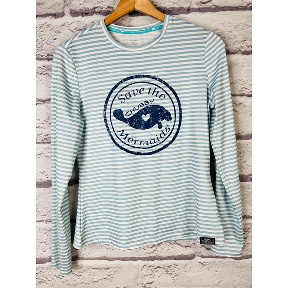 CHUBBY MERMAID Women's S Manatee Striped Long Sleeve Sun Beach Swim UPF‎ Shirt - Picture 2 of 5